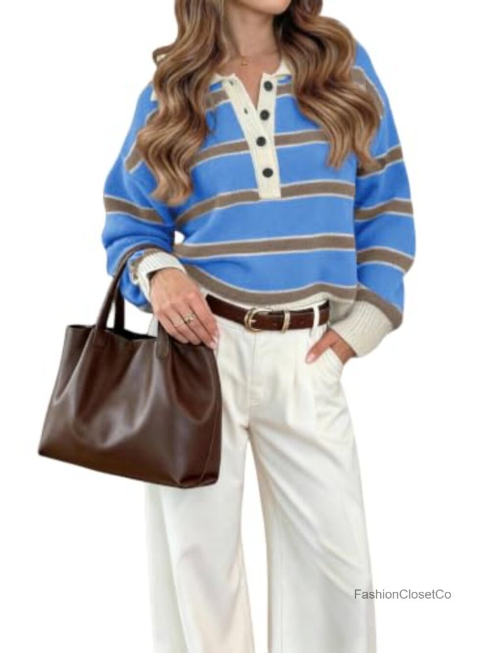 Striped Button Front Long Sleeve Sweater Pullover Knit Top